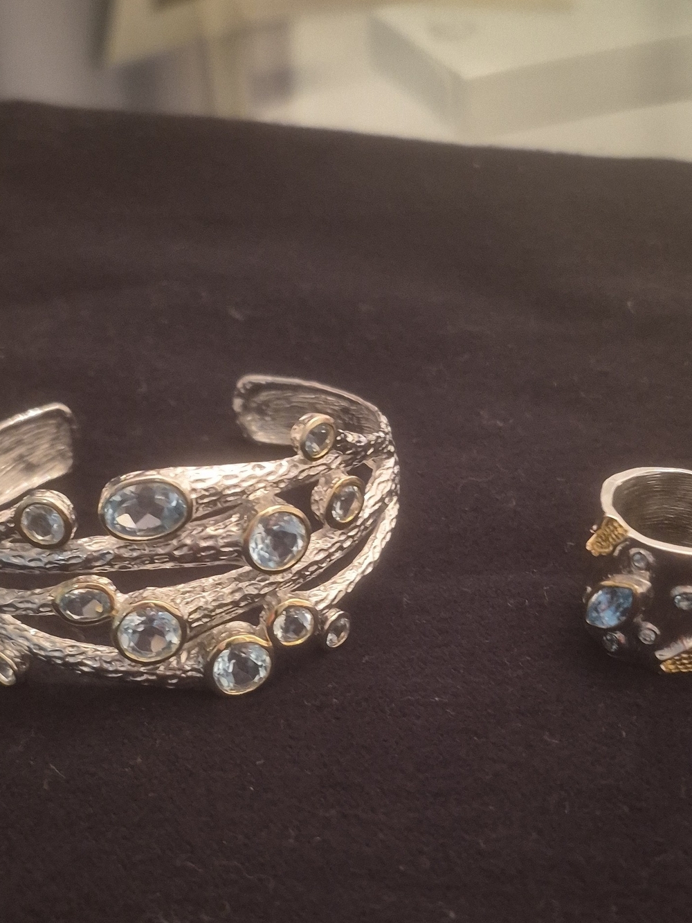 Silver-Tone Blue Crystal Cuff Bracelet and Ring Set